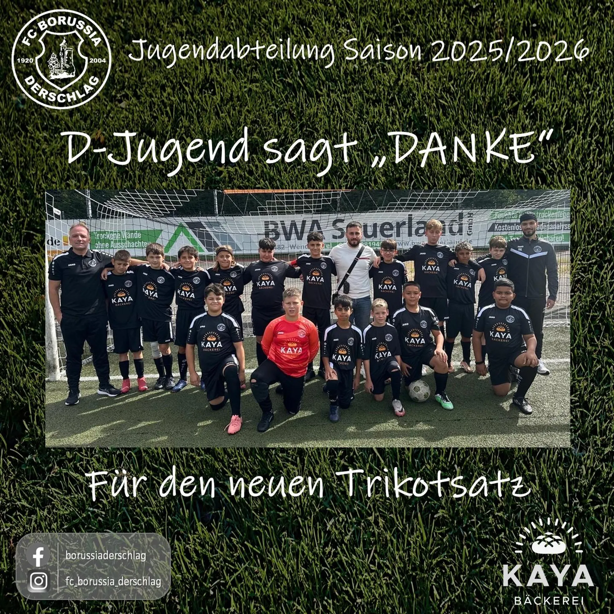 D-Jugend bedankt sich bei Kaya Bäckerei für den neuen Trikotsatz! 🖤🤍